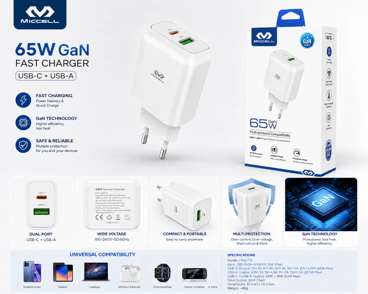 TÊTE CHARGEUR RAPIDE 65W MICCELL - BLANC